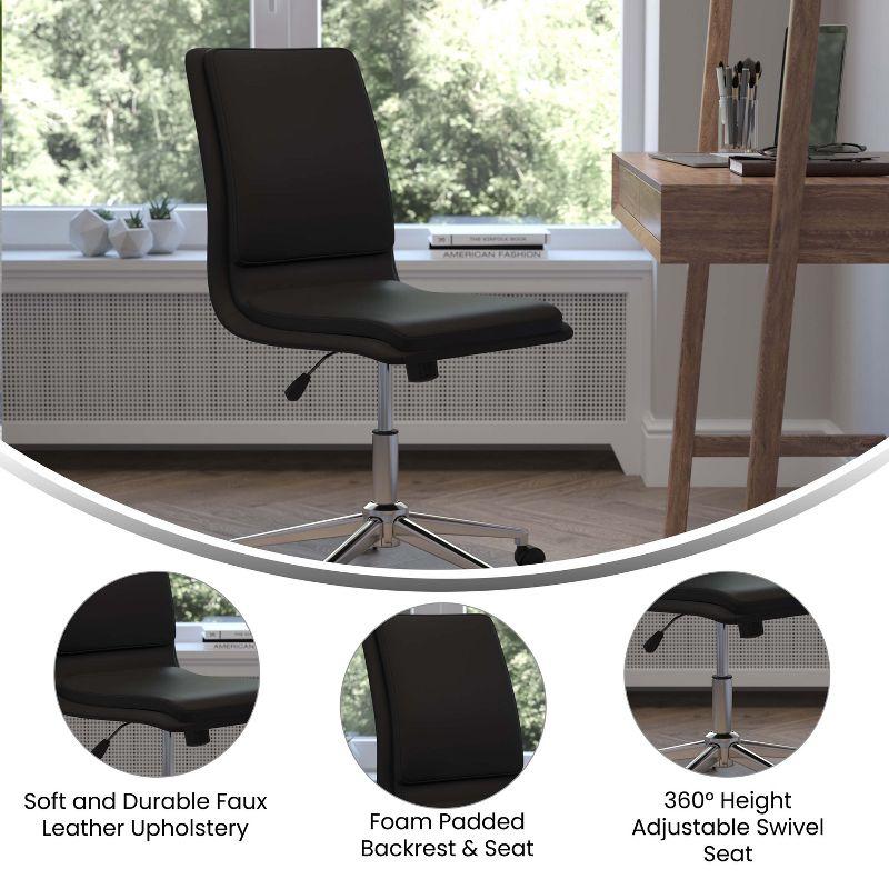 Armless Black Faux Leather Task Chair with Wood Swivel Base