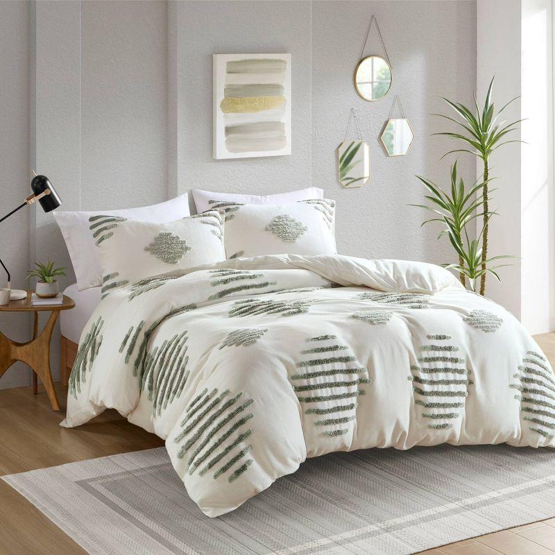 Tahli Green and Ivory Cotton Blend Chenille Full/Queen Duvet Cover Set