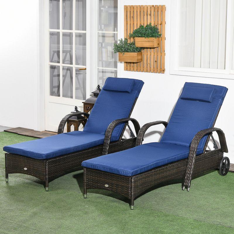 Outsunny Blue Cushioned Wicker Chaise Lounge Set with Adjustable Backrest