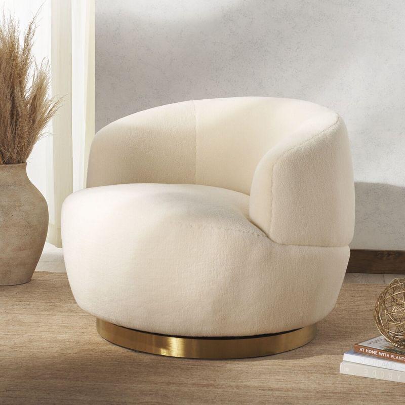 Ivory Barrel Swivel Lounge Chair with Wood Accents