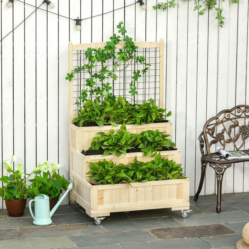 Outsunny 3-Tiers Raised Garden Bed with Wheels, Trellis, Back Storage Area, Easy Movable Wooden Planter Boxes for Flowers, Vegetables, Herbs, Natural