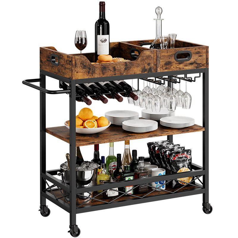 3-Tier Rustic Brown Industrial Bar Cart with Wine Rack and Glasses Holder