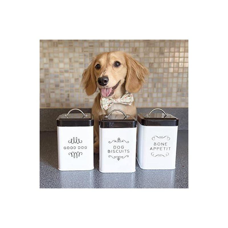 Amici Pet Treat Storage, Sparky Bone Appetit, Dog Biscuits, & Good Dog Metal Storage Canister, White & Black Push Top Lid, Set of 3,36 oz.