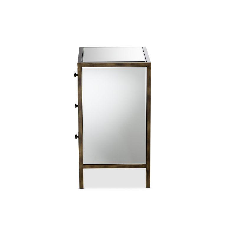 Nouria Mirrored 3 Drawer Nightstand: MDF Wood, Antique Brass Trim - BaxtonStudio