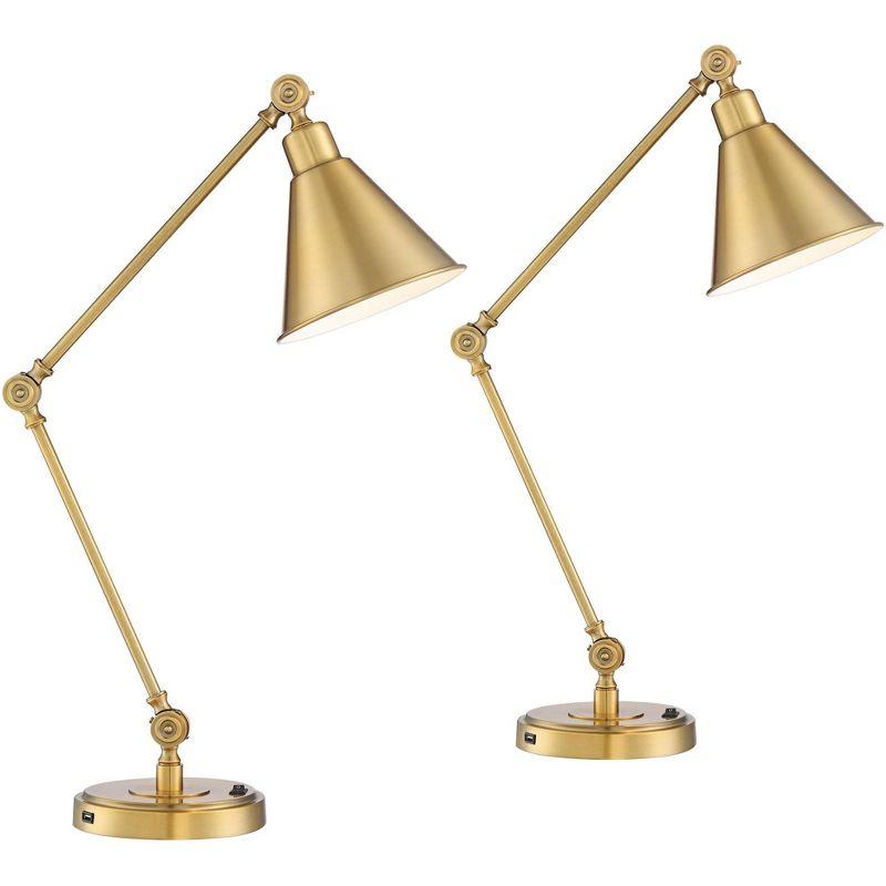 Adjustable Antique Gold Metal Desk Lamps with USB Ports, Set of 2