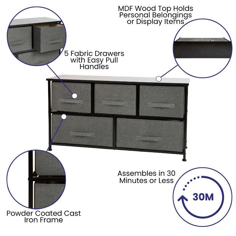 Flash Furniture 5 Drawer Wood Top Black Cast Iron Frame Vertical Storage Dresser with Dark Gray Easy Pull Fabric Drawers