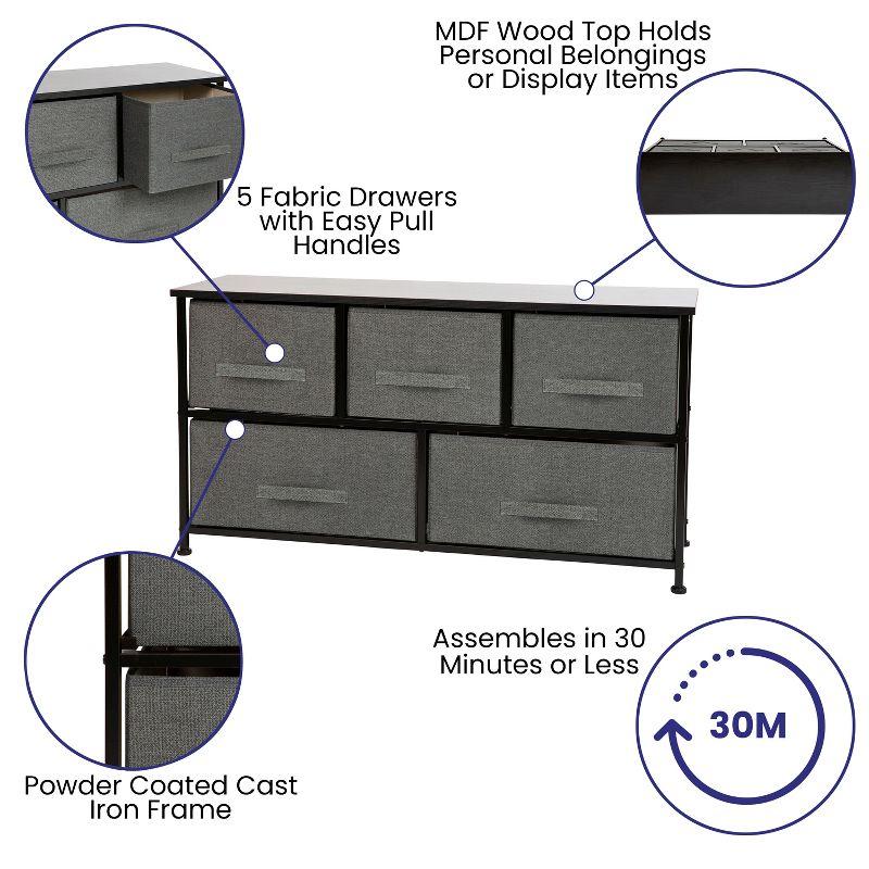 Flash Furniture 5 Drawer Wood Top Cast Iron Frame Storage Dresser with Easy Pull Fabric Drawers