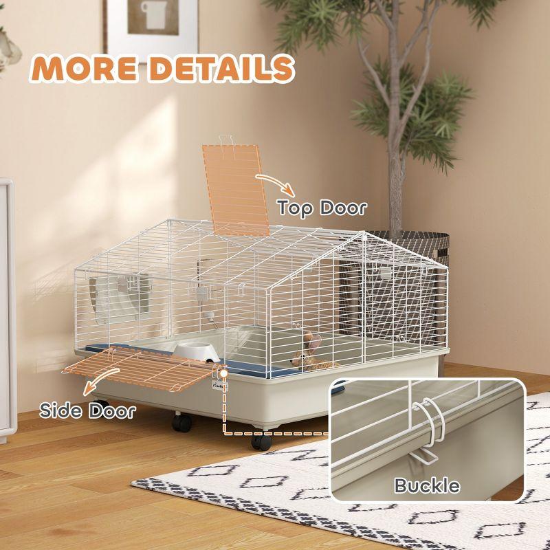 PawHut Small Animal Cage, Rolling Guinea Pig Cage with Water Bottle, Hay Feeder, Food Dish, Ramp, for Rabbits, Hedgehogs, 35" x 35" x 25", White