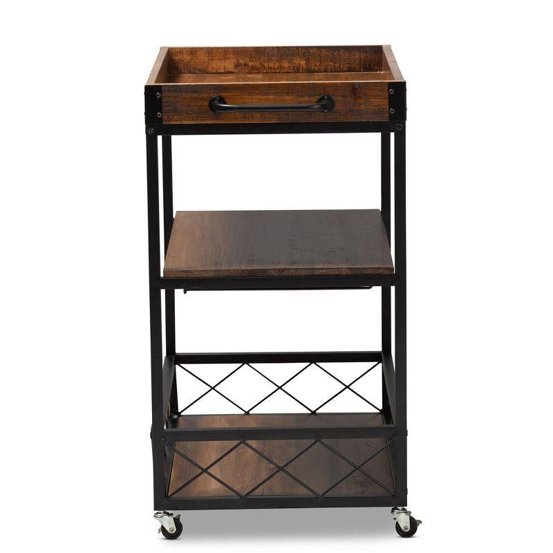 Livi Homes Paloma Mobile Metal Bar Cart with Stemware Rack in Vintage Rustic Industrial Oak Brown and Black