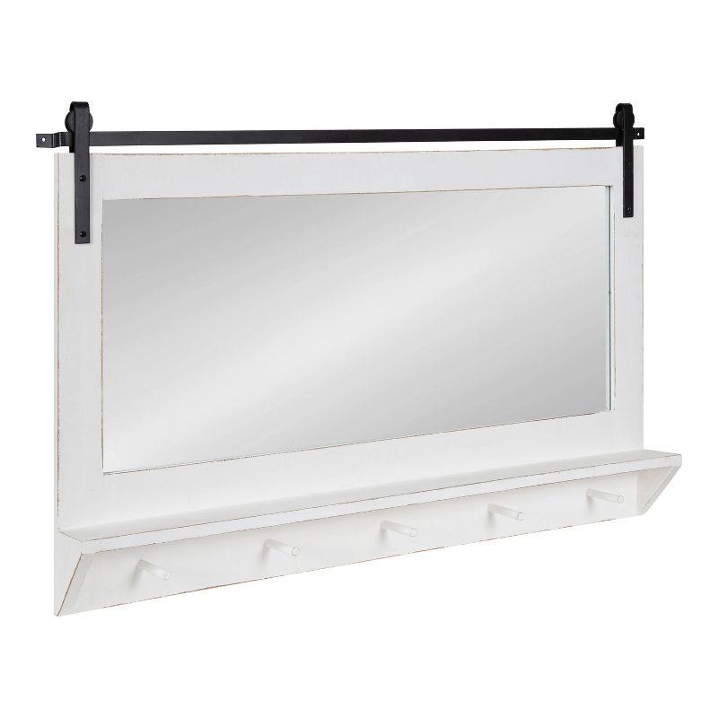 White Rectangular Wood Wall Mirror with Shelf and Hooks