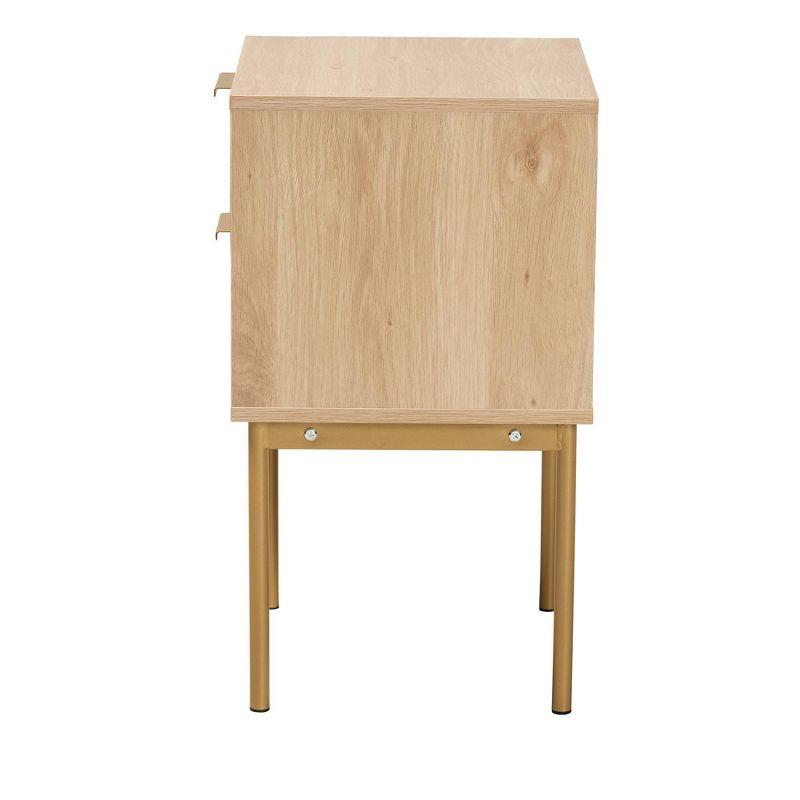 Dewitt Wood and Metal 2 Drawer End Table Light Brown/Gold - Baxton Studio: Japandi-Inspired, Rattan Fronts, Storage