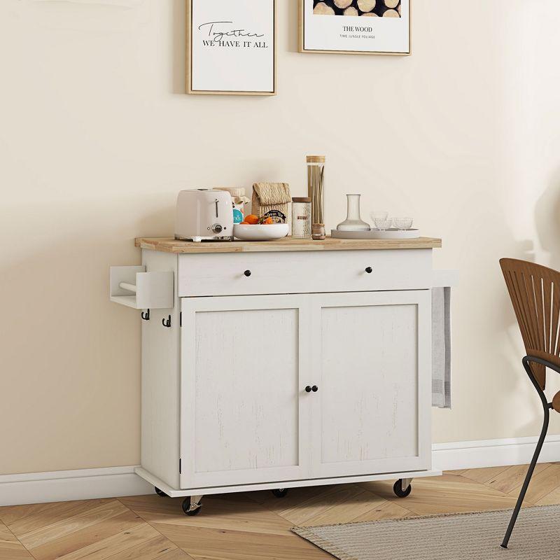 HOMCOM Rolling Kitchen Island with Storage Drawer, Wood Breakfast Bar Kitchen Island Cart 2 Doors, Spice Rack, Towel Racks and 2 Hooks, White