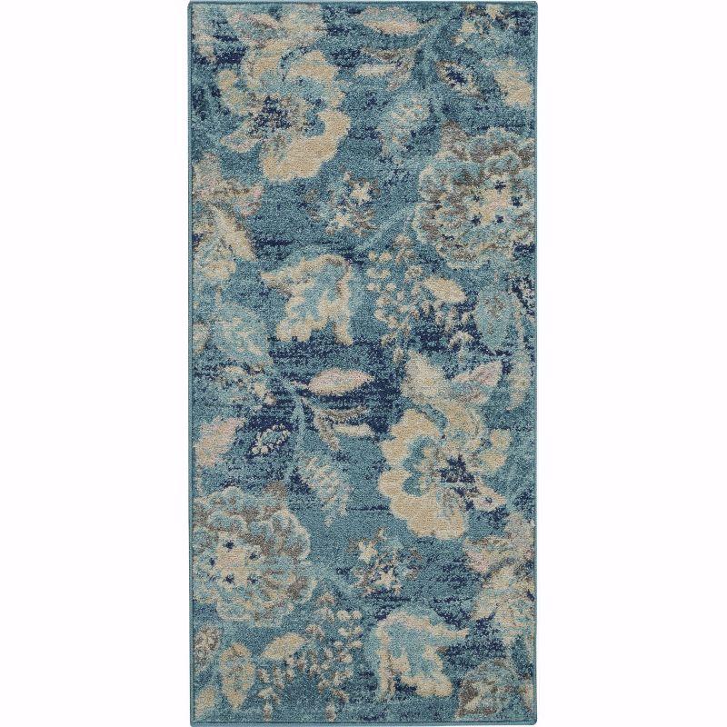 Handmade Turquoise Floral Rectangular Easy-Care Rug 2' x 4'