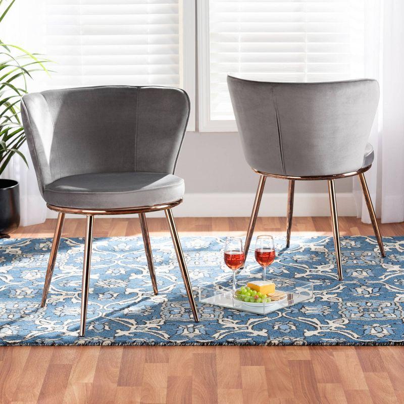 2pc Farah Velvet Fabric Upholstered Metal Dining Chair Set Gray/Rose Gold - Baxton Studio: Elegant Design, Sturdy Support