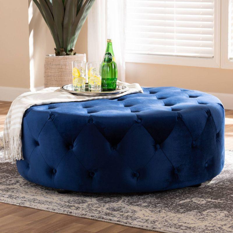 Cardiff Velvet Fabric Upholstered Button Tufted Cocktail Ottoman Blue - Baxton Studio: Eucalyptus Wood, Plush Seating