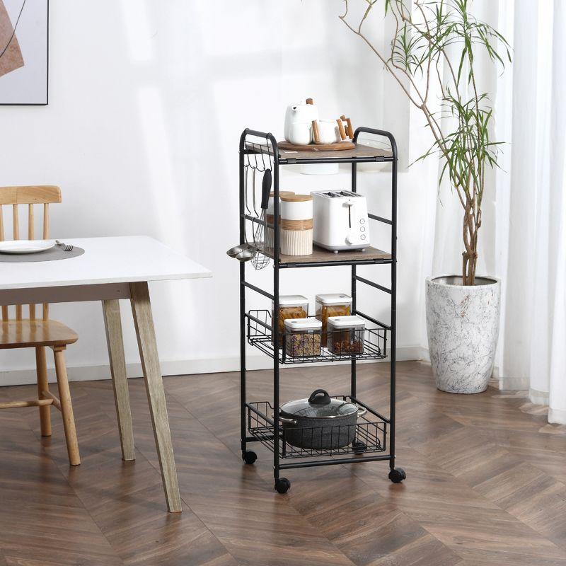 Oak Rectangular Kitchen Cart with Storage and Hooks