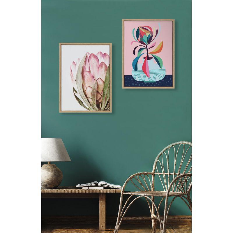 Pink Protea Flower Framed Canvas Art, 18x24, Natural Wood