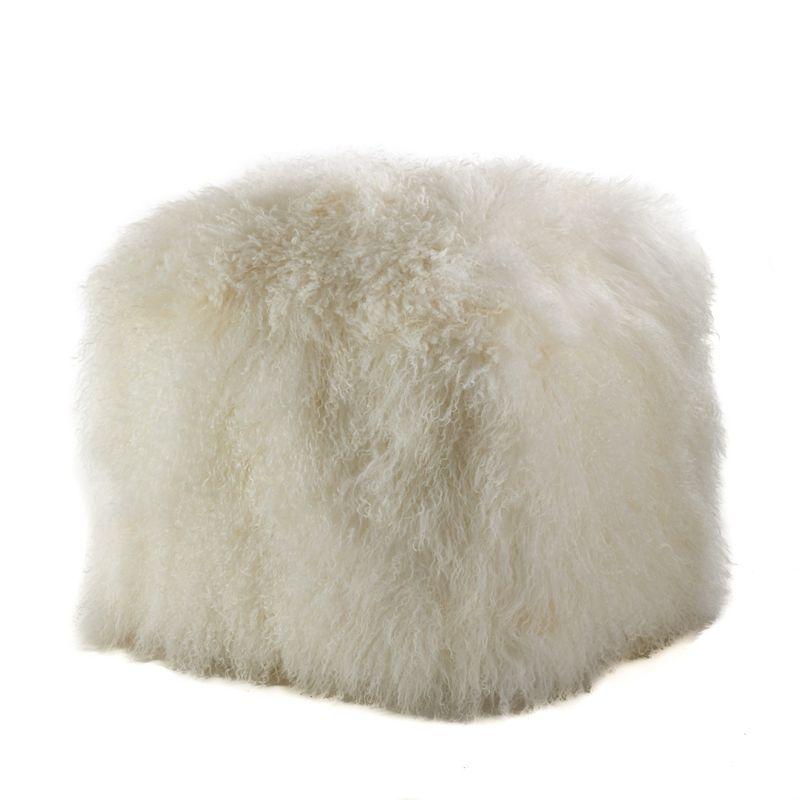 Saro Lifestyle Real Mongolian 100% Wool Lamb Fur Pouf Ottoman Square