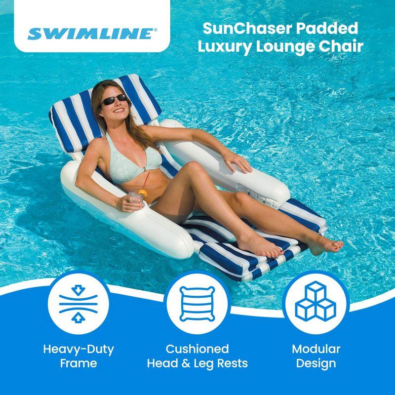 Blue and White Striped Padded Floating Pool Lounger with Cup Holders