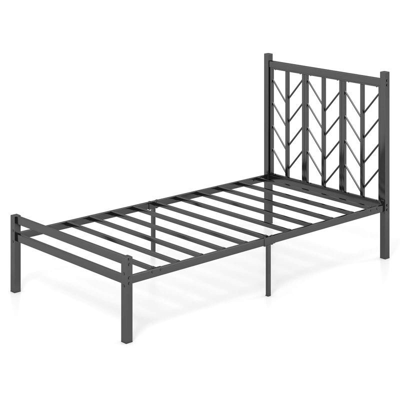 Black Twin Metal Platform Bed with Branch Headboard and Storage