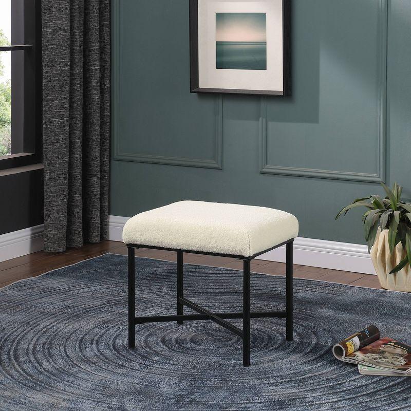 Square Metal Ottoman Cream Faux Sheepskin - HomePop: Matte Black Base, Living Room Seating