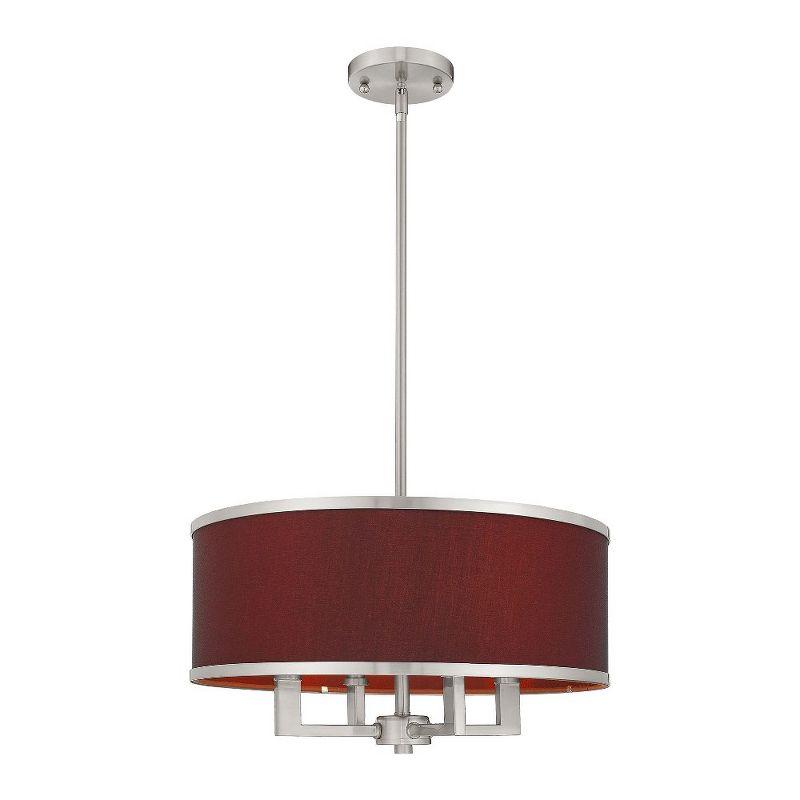 Brushed Nickel Mini Drum 4-Light Pendant with Red Wine Fabric Shade