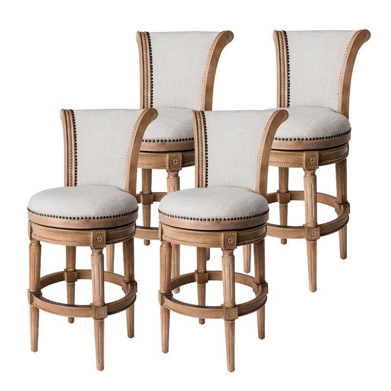 Weathered Oak Swivel Bar Stools with Upholstered Seats, Set of 4