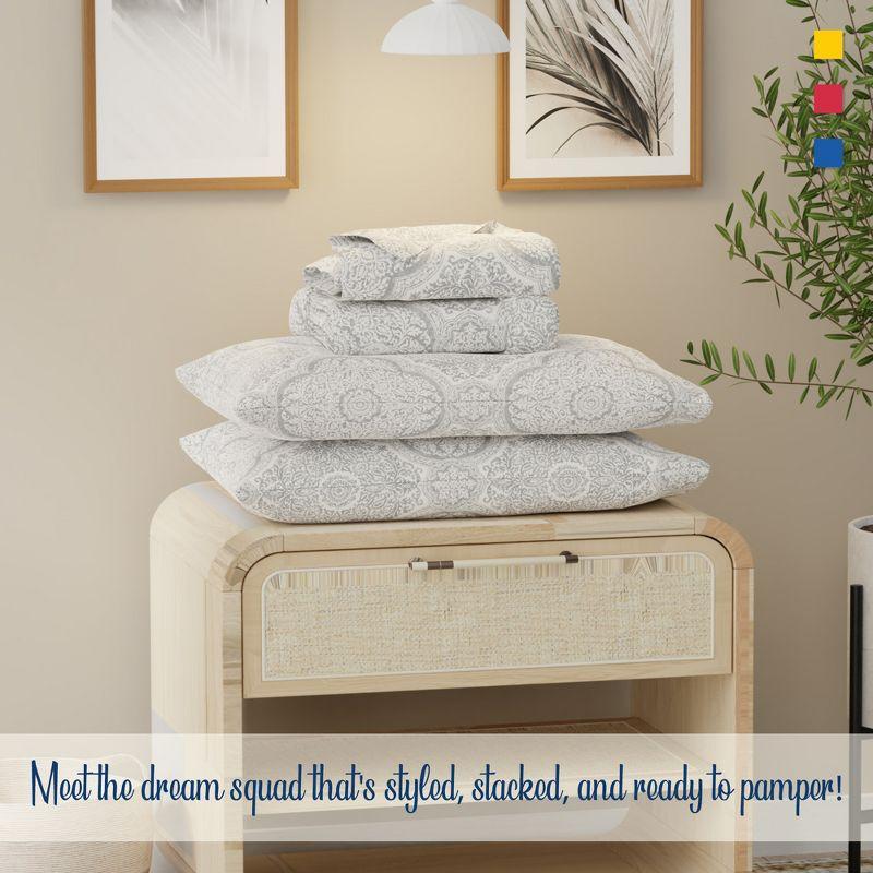 Color Sense 100% Cotton Percale Cool & Crisp 4-Piece Sheet Set Queen Textured Medallion Gray