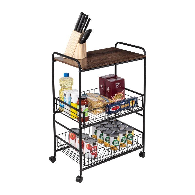 Black Walnut 3-Tier Rolling Cart with Pull-Out Baskets