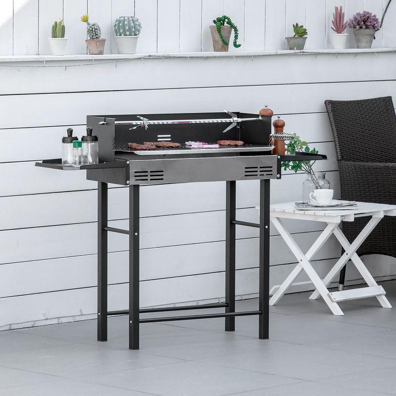 Outsunny BBQ Rotisserie Grill Roaster for Chicken or Turkey with 3-Level Grill Grate, Foldable Storage Shelves, and Wind Deflector, Stainless Steel
