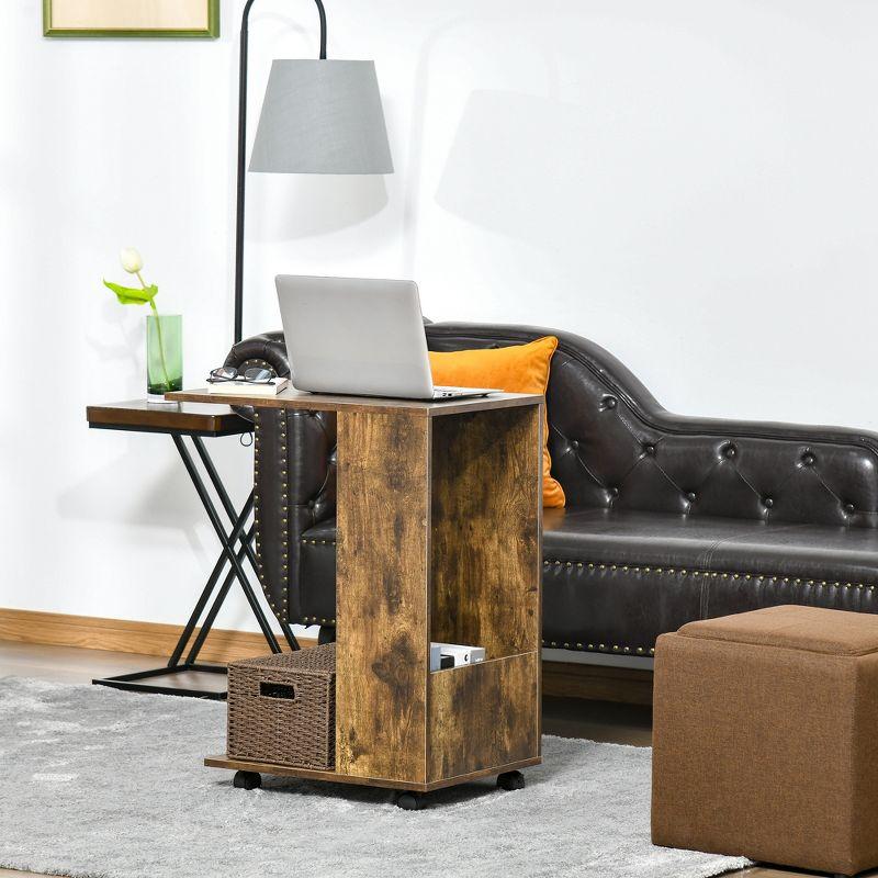 Compact C-Shaped Mobile Side Table with Storage in Rustic Brown Wood