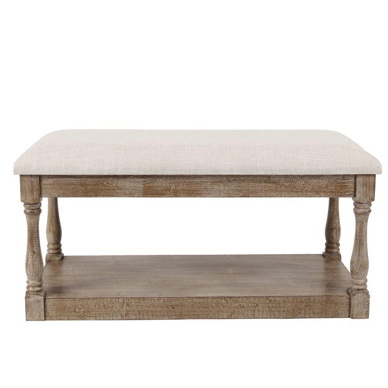 Beige Linen Upholstered Bench with Storage Shelf