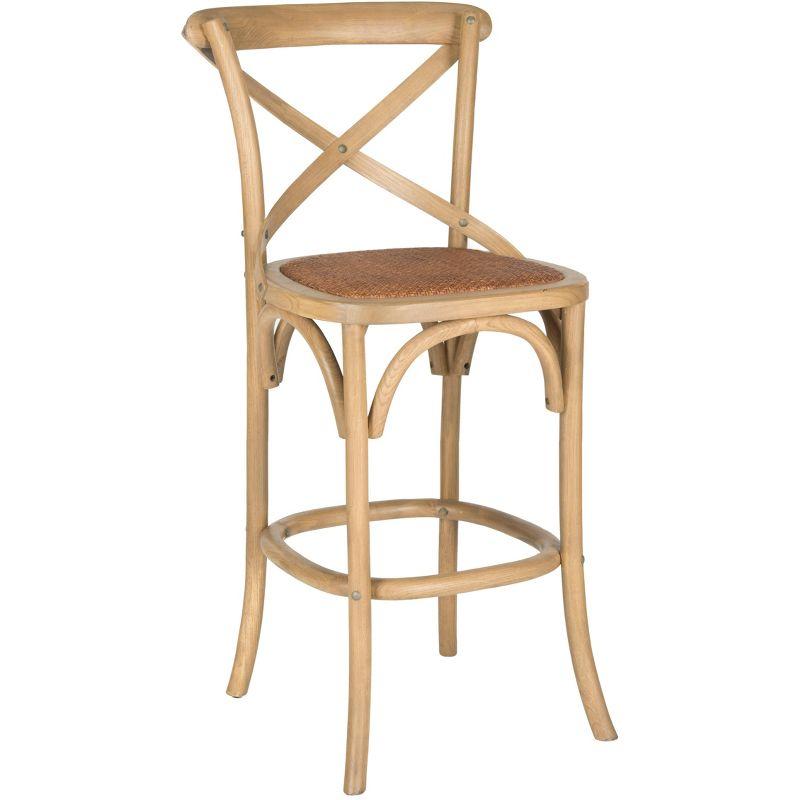 Transitional Weathered Oak Cross-Back Bar Stool with Rattan Seat