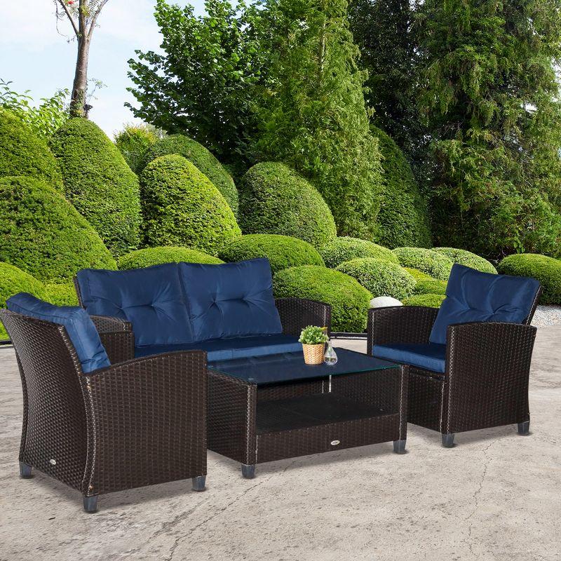 Outsunny 4-Piece Patio Furniture Set, Rattan Wicker Chair W/ Table, Outdoor Conversation Set With Cushion For Backyard, Porch, Or Garden, Blue