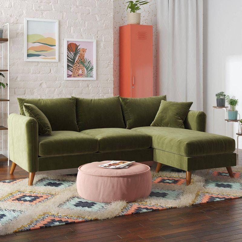 2pc Magnolia Sectional Sofa with Pillows Green Velvet - Novogratz: Upholstered, Reversible Chaise, Transitional Style