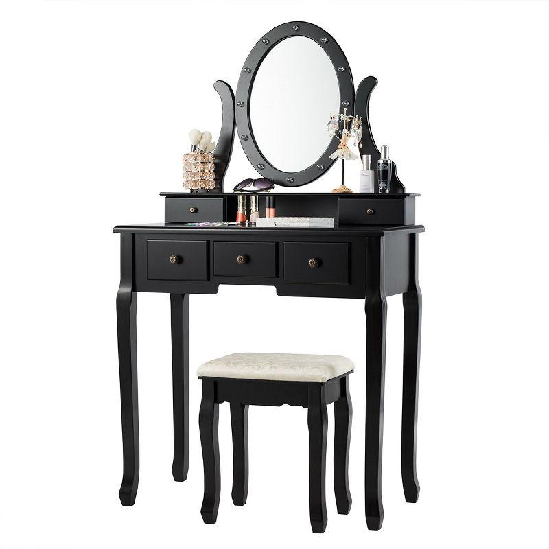 Tangkula Lighted Vanity Mirror Set Makeup Dressing Table w/ 5 Drawers Mirror & 12 LED Bulbs Black