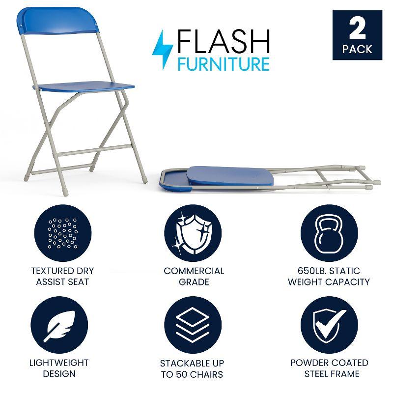 Flash Furniture Hercules Series Plastic Folding Chair Blue - 2 Pack 650LB Weight Capacity Comfortable Event Chair-Lightweight Folding Chair