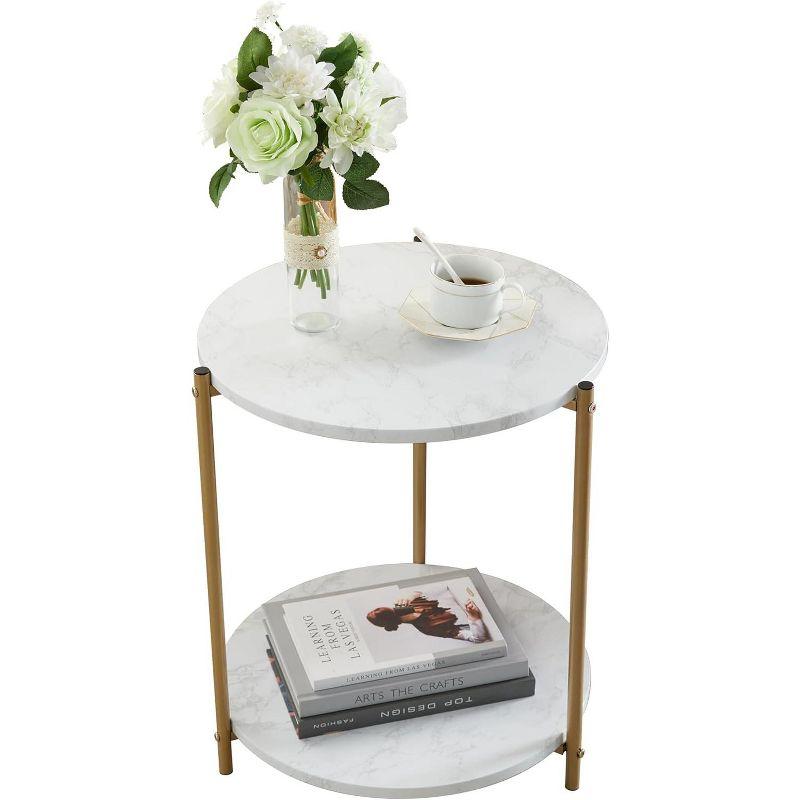 Kings Brand Furniture - Side End Table with White Faux Marble Storage Shelves & Gold Metal Frame