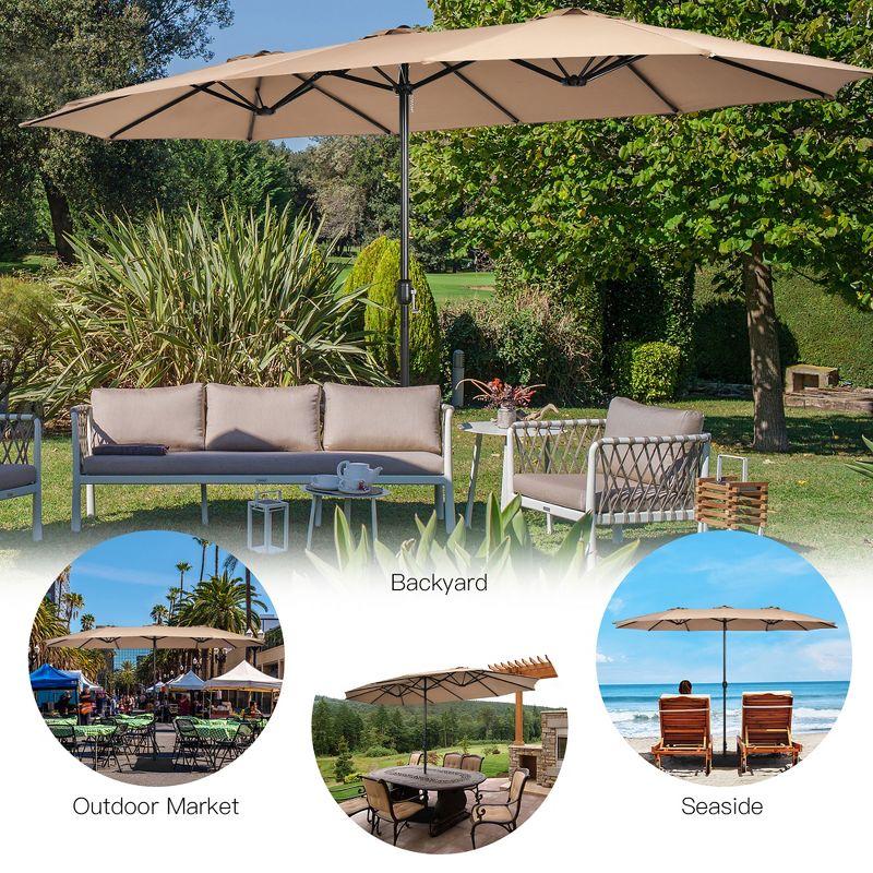 Costway 15FT Double-Sided Twin Patio Umbrella Outdoor Market W/ Crank & Base Coffee