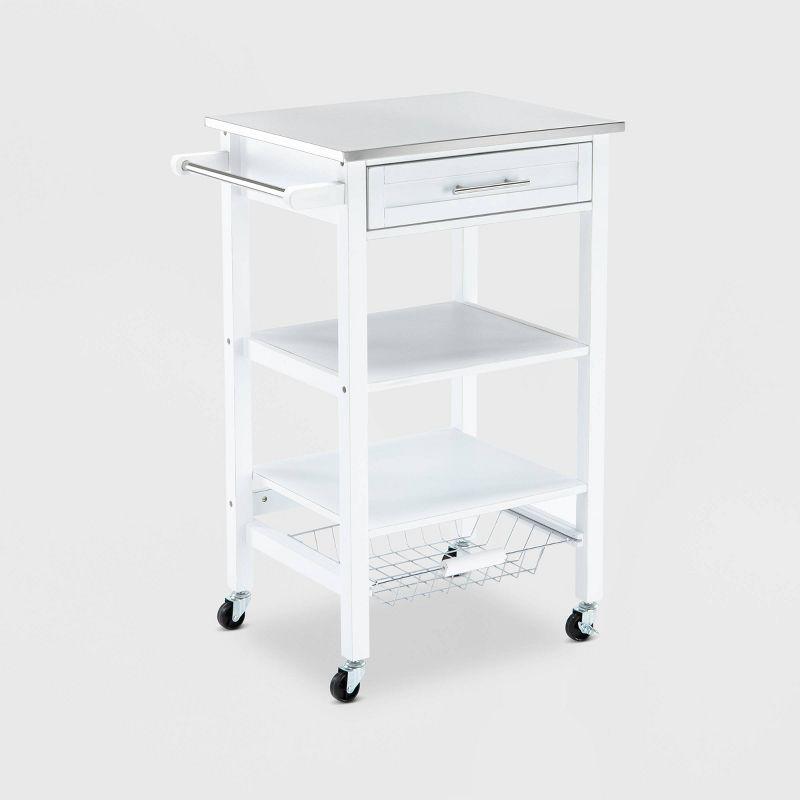 Hennington Kitchen Cart with Stainless Steel Top White - Boraam: Modern Design, Pine Frame, 2 Shelves, 1 Drawer