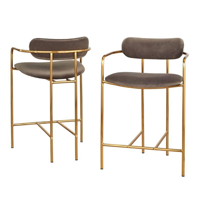 Buylateral 24" Set of 2 Retro Velvet Counter Height Barstools Gray: Gold Frame, Padded Back