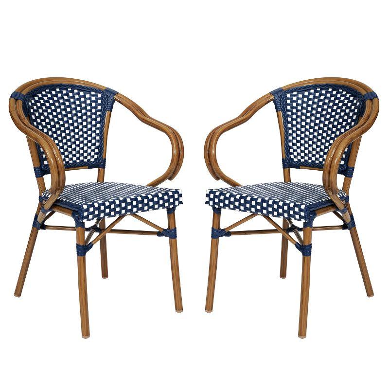 Emma & Oliver Soie Set of 2 Indoor/Outdoor Stacking Thonet Bistro Style Chairs w/ Arms, Navy & White PE Rattan Seat & Nat Bamboo Finished Metal Frame