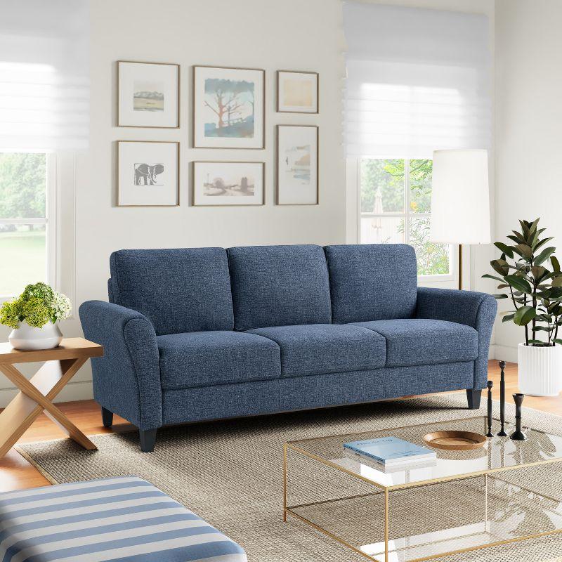 Alexa Blue Microfiber Sofa with Rolled Arms and Ottoman