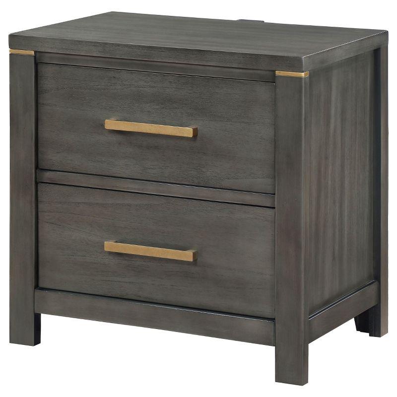 Gray Pine Transitional 2-Drawer Nightstand with Brass Accents