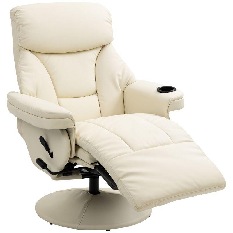 Cream White Faux Leather Swivel Recliner with Cup Holder