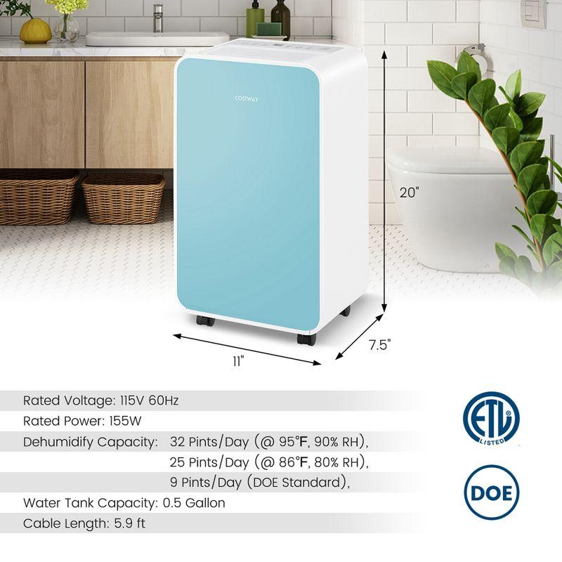 Costway Dehumidifier for Home Basement 32 Pints/Day 3 Modes Portable up to 2500 Sq. Ft Blue/Pink/Yellow