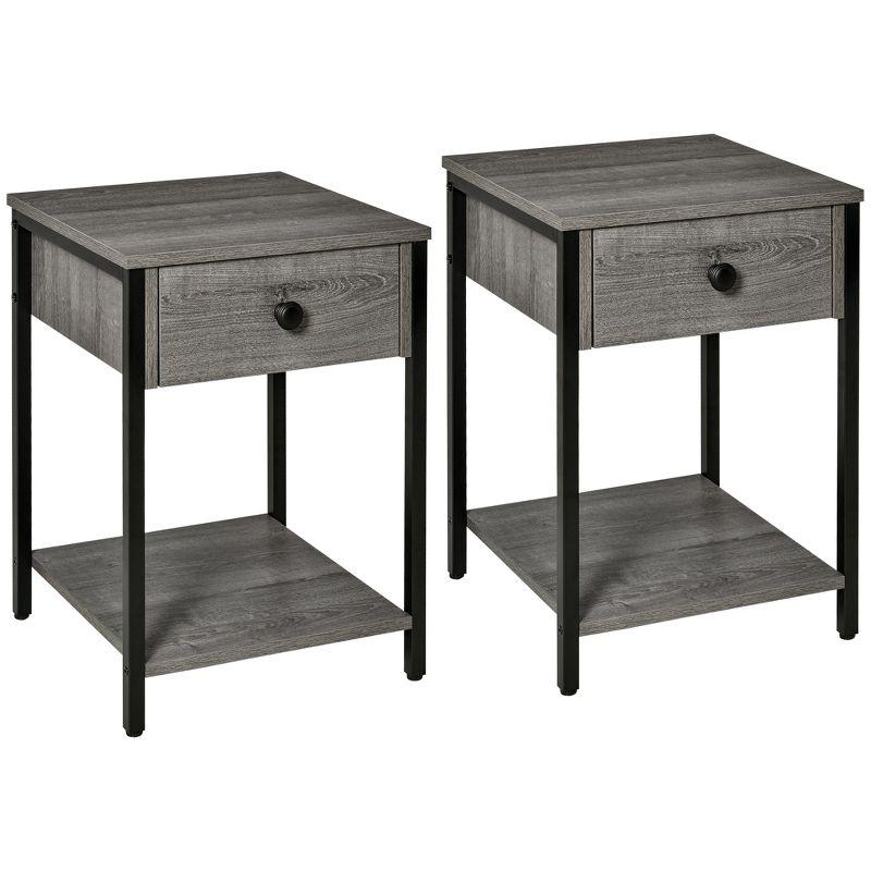 Gray Wood and Black Metal Industrial End Table Set with Storage