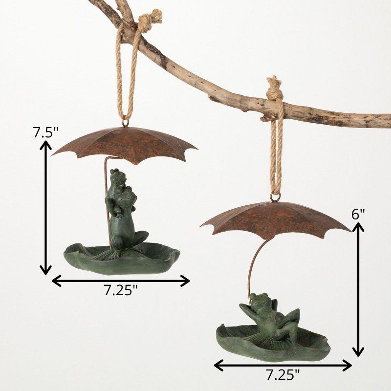 Whimsical Green Ceramic Frog Bird Feeders with Copper Umbrellas, Set of 2