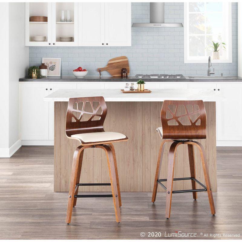 Set of 2 Folia Upholstered Counter Height Barstools Cream/Walnut - Lumisource: Wood Frame, Foam Padded Seat, Swivel Function