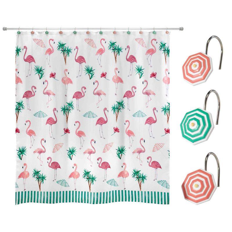 Flamingo Paradise Tropical Print Fabric Shower Curtain Set